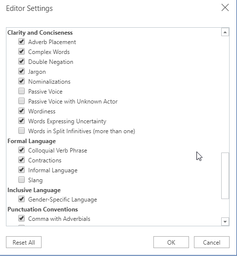 Screenshot of the Editor Settings dialog of a word processor listing checks under Clarity and Conciseness, Formal Language, Inclusive Language and Punctuation Conventions; the Complex Words check is ticked and outlined in red.