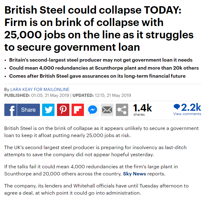 Screenshot of a Daily Mail article headed “British Steel could collapse TODAY: Firm is on brink of collapse with 25,000 jobs on the line as it struggles to secure government loan”, followed by three bullet points and a byline.