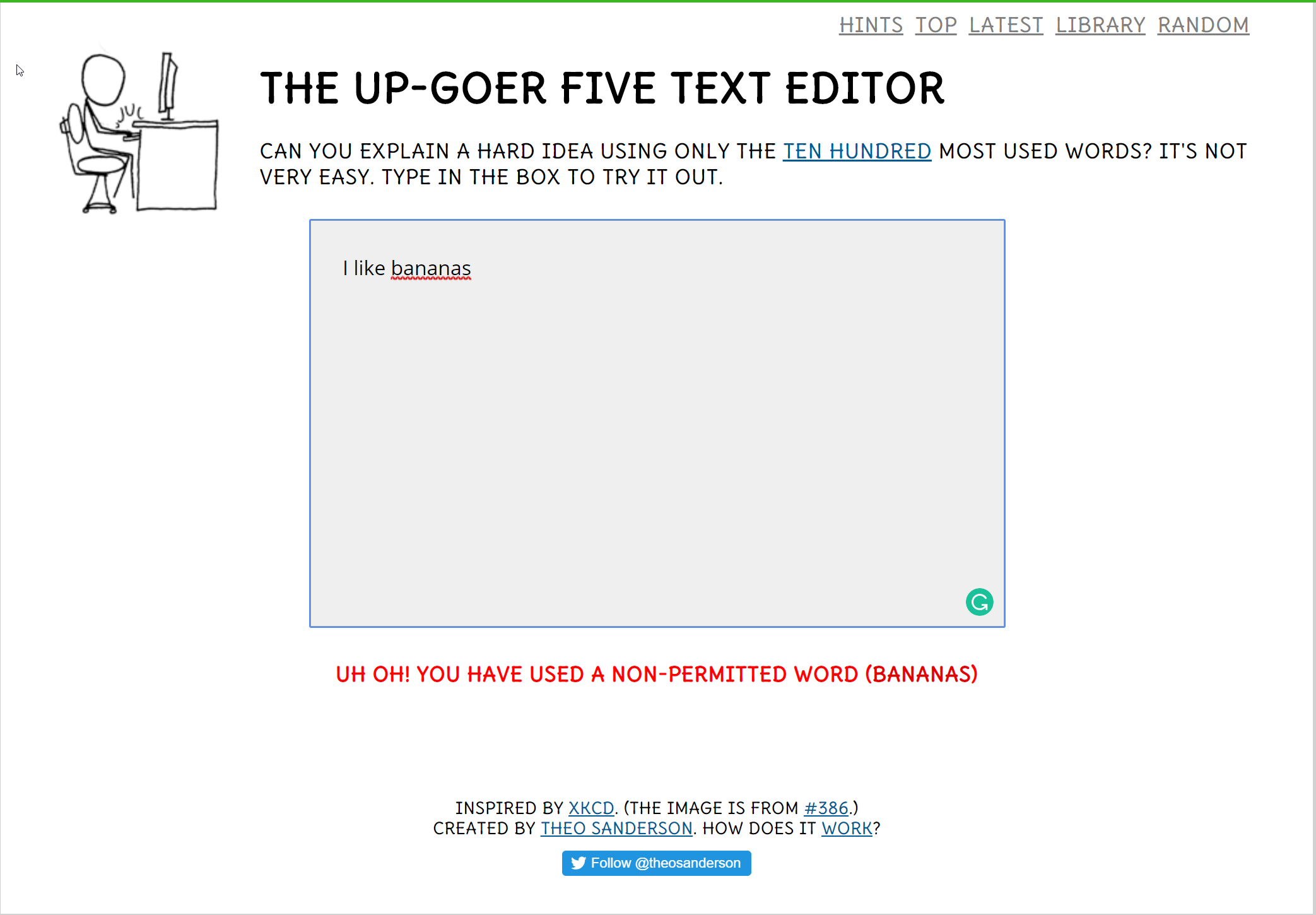Screenshot of the Up-Goer Five Text Editor, with the text “I like bananas” and the message “Uh oh! You have used a non-permitted word (bananas)”.