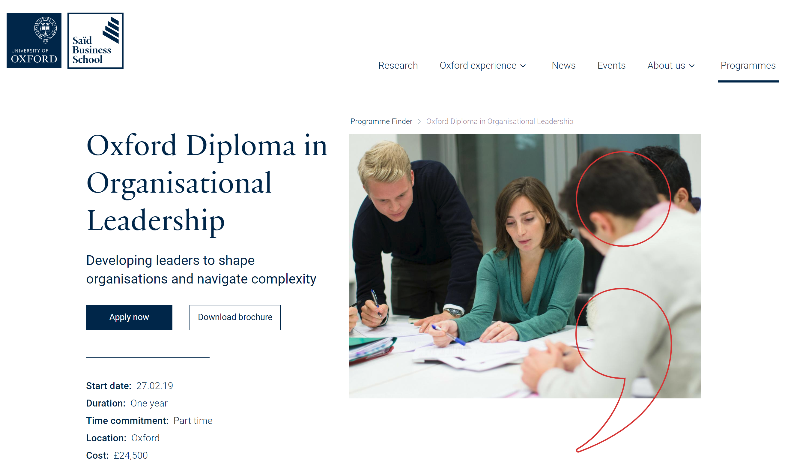Screenshot of a web page for the Oxford Diploma in Organisational Leadership, with a photograph of people working around a table and details of the start date, duration, time commitment, location and cost.