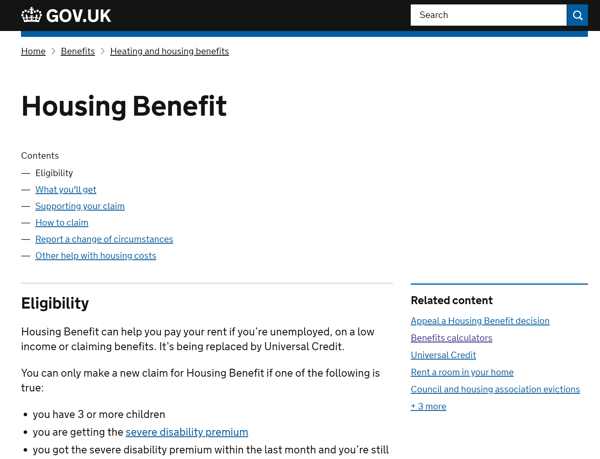Screenshot of the GOV.UK page “Housing Benefit” with its contents list, an “Eligibility” section and a list of related content.