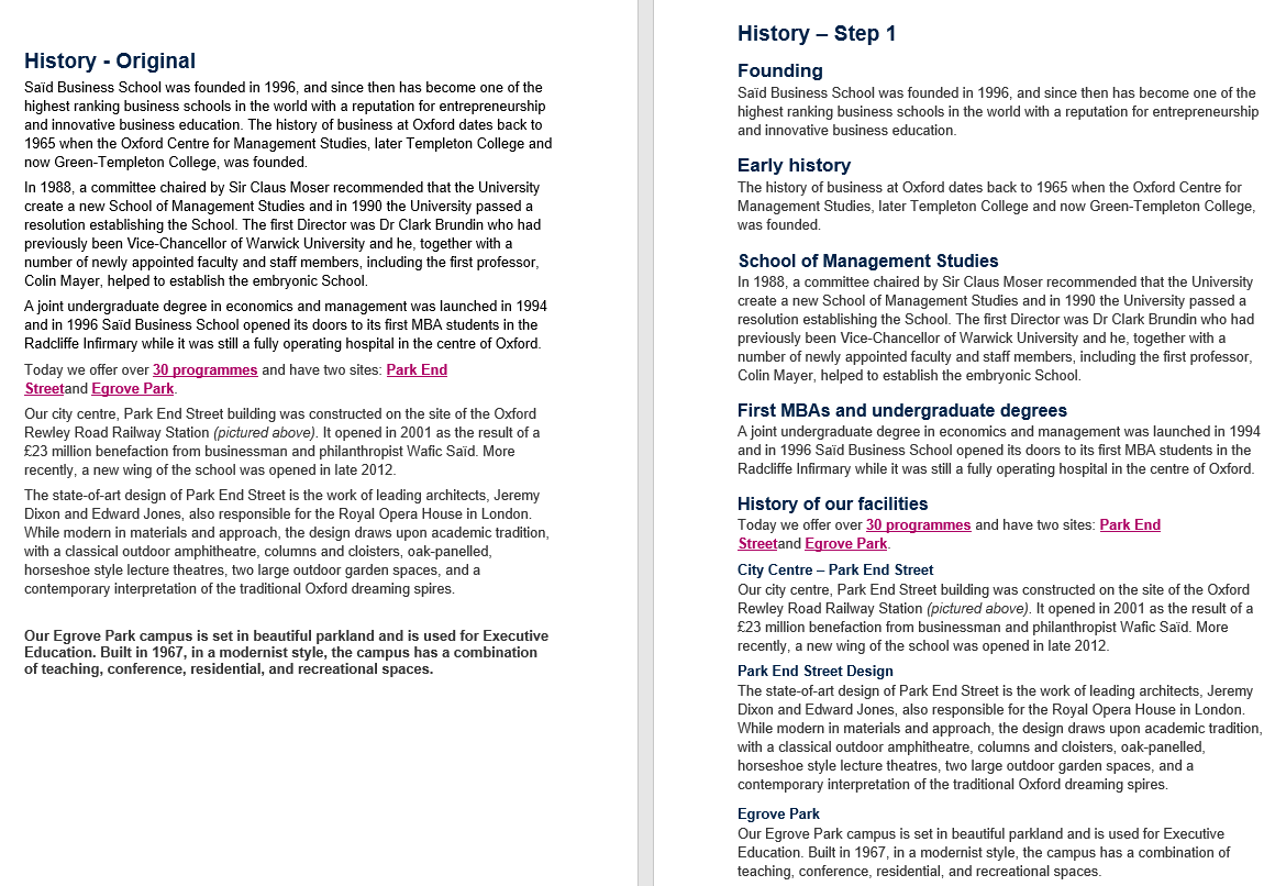 Screenshot of a long page headed “History - Original”: a dense history of Saïd Business School in unbroken paragraphs.