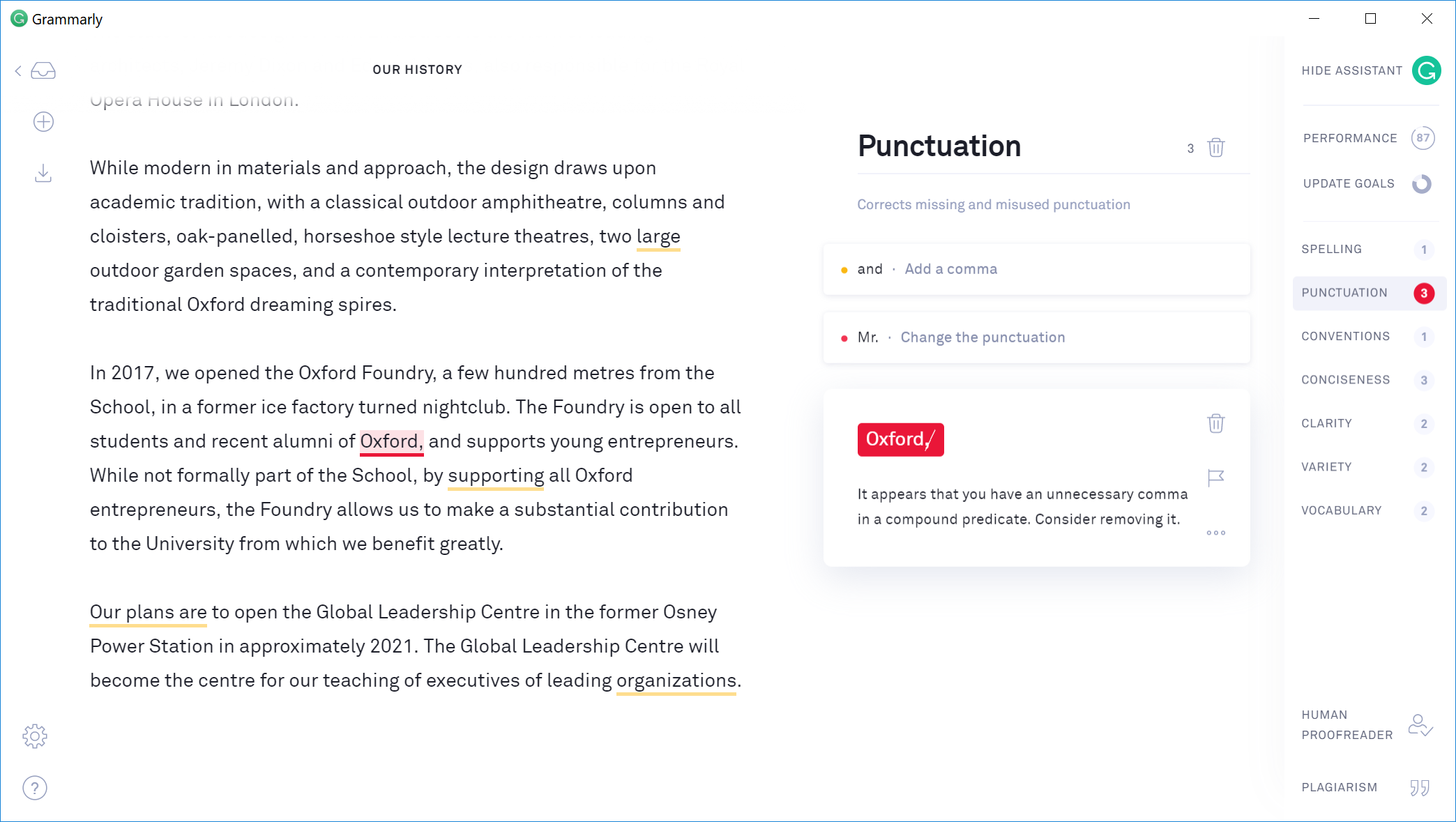 Screenshot of Grammarly with a “Punctuation” panel suggesting the removal of a comma after “Oxford”.