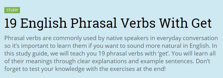 Screenshot of the top of the web page “19 English Phrasal Verbs With Get”, with a green “Study” label and an introduction saying that phrasal verbs are commonly used by native speakers.