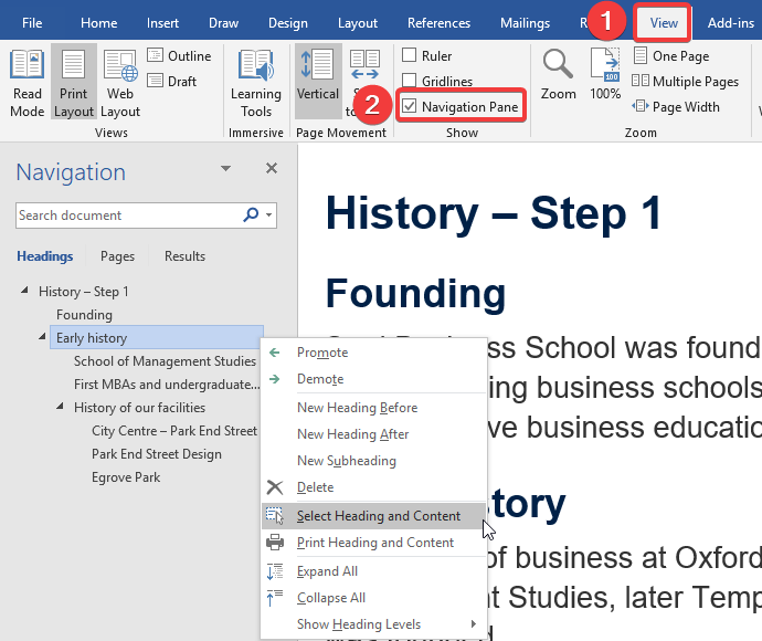 Screenshot of Microsoft Word with the View tab's Navigation Pane option marked and a navigation pane listing the headings of a document titled “History – Step 1”.