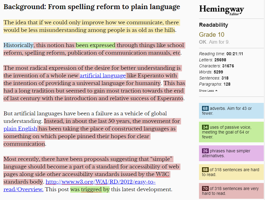 Screenshot of the Hemingway Editor with a section of the blog post “Complexities of simple”, with passages highlighted in red, yellow and green.