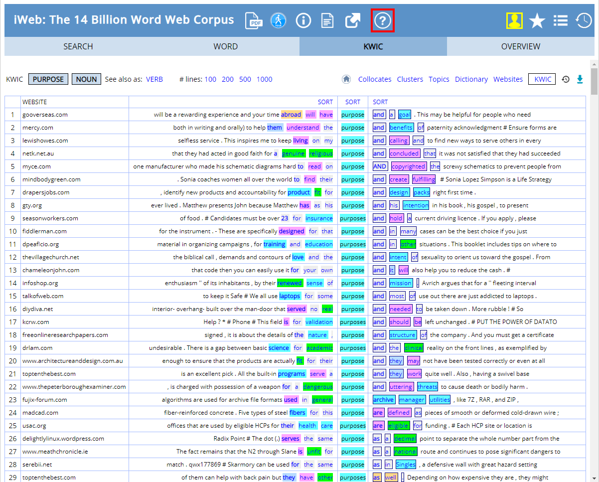 Screenshot of the iWeb key-word-in-context view for “purpose”: a long list of lines from web pages with the word highlighted.