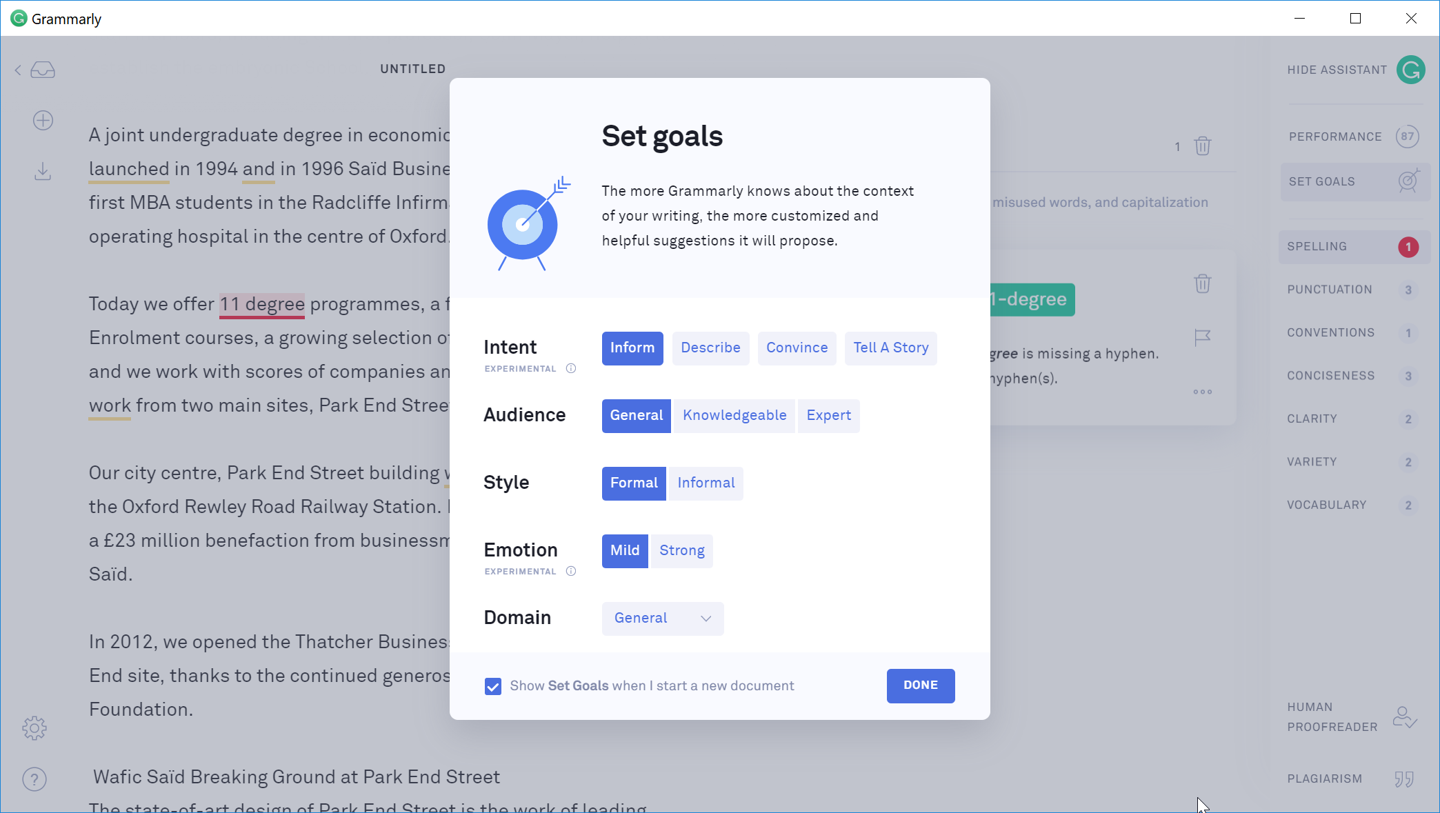 Screenshot of Grammarly with a “Set goals” dialog over a document, offering Intent, Audience, Style, Emotion and Domain settings.