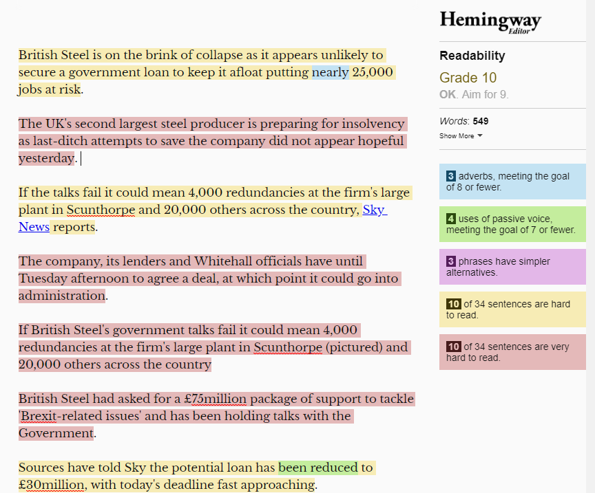 Screenshot of the Hemingway Editor with the Daily Mail article text highlighted in yellow and red, and a panel counting adverbs, passive voice, phrases with simpler alternatives and hard-to-read sentences.