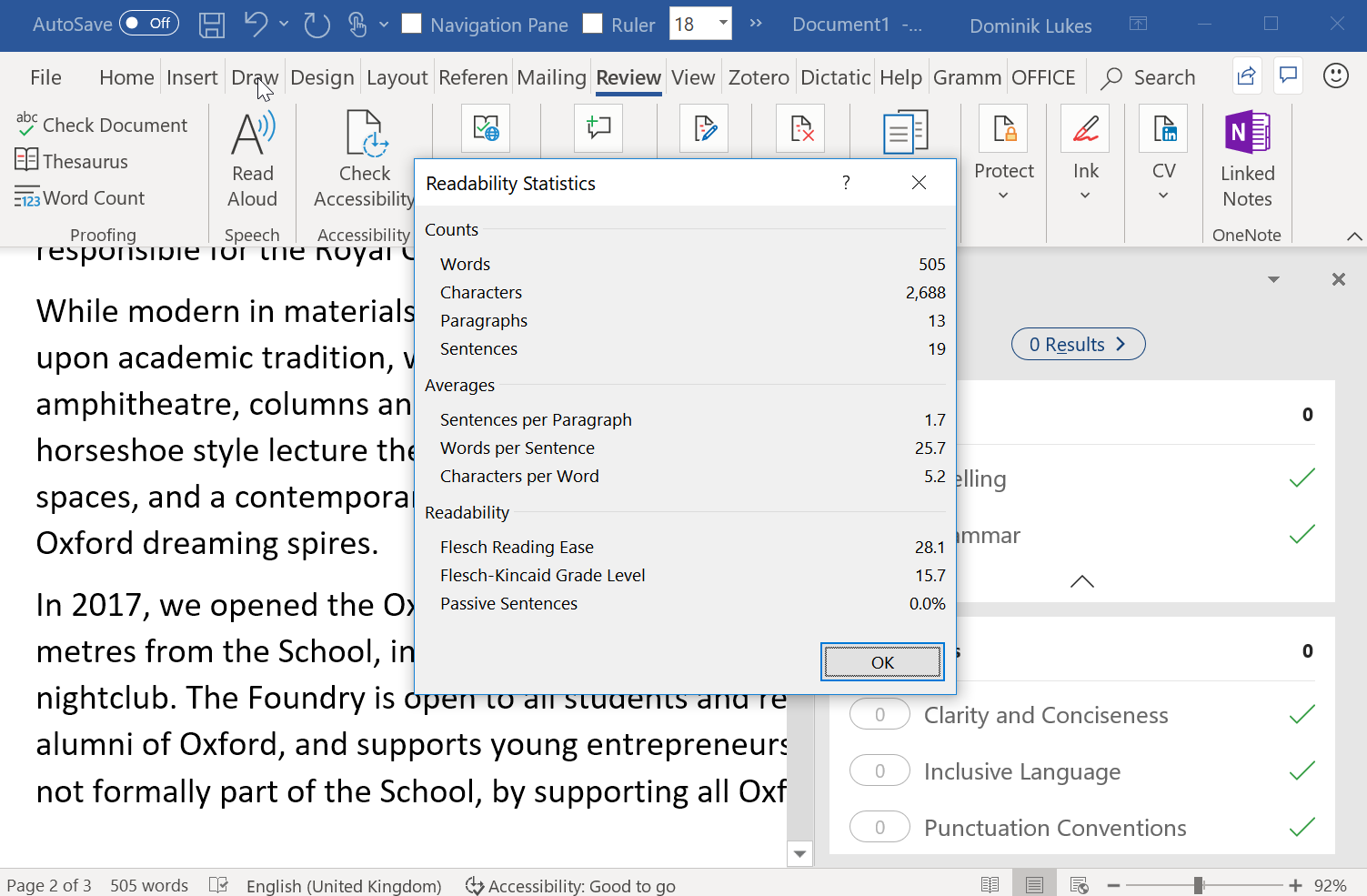 Screenshot of Microsoft Word with a Readability Statistics dialog open: counts of words, characters, paragraphs and sentences, averages per sentence and per word, and the Flesch Reading Ease and Flesch-Kincaid Grade Level scores.