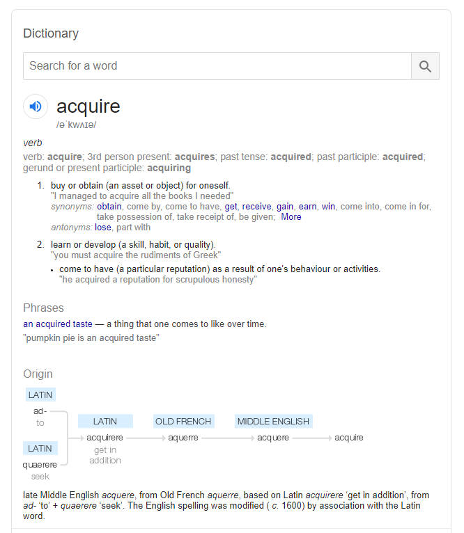 Screenshot of an online dictionary entry for “acquire”, with two numbered senses, a phrase and the word's origin.