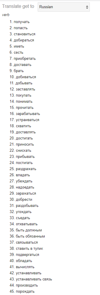 Screenshot of the translations of “get” into Russian, a very long numbered list shrunk into a narrow strip.