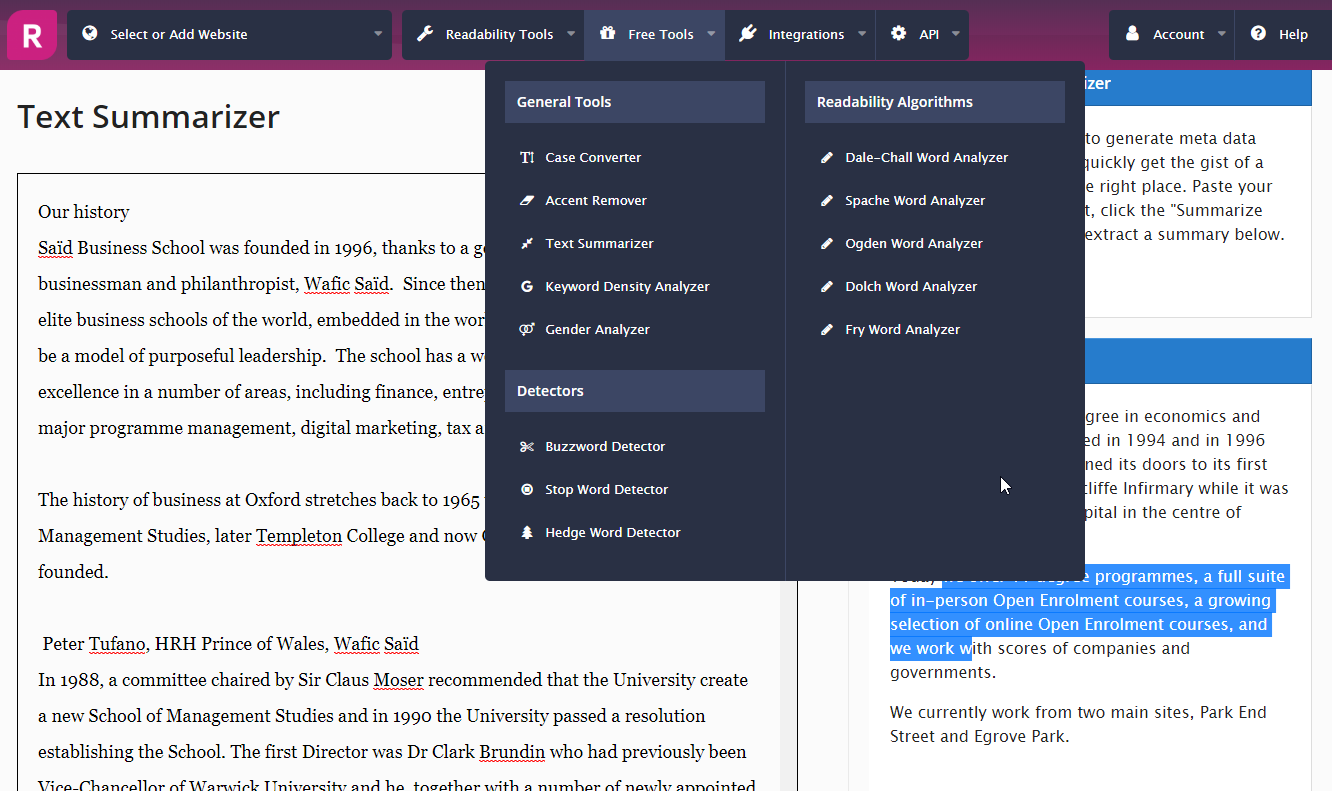 Screenshot of a Readable.io page, “Text Summarizer”, with its menus open: General Tools (Case Converter, Accent Remover, Text Summarizer, Keyword Density Analyzer, Gender Analyzer), Detectors (Buzzword Detector, Stop Word Detector, Hedge Word Detector) and Readability Algorithms.