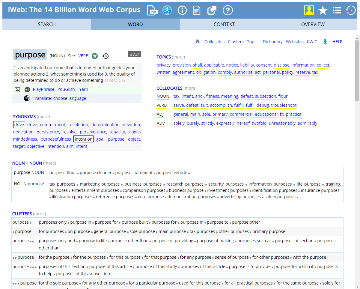 Screenshot of the iWeb results for the word “purpose”: its frequency, topics, collocates, clusters and related words.