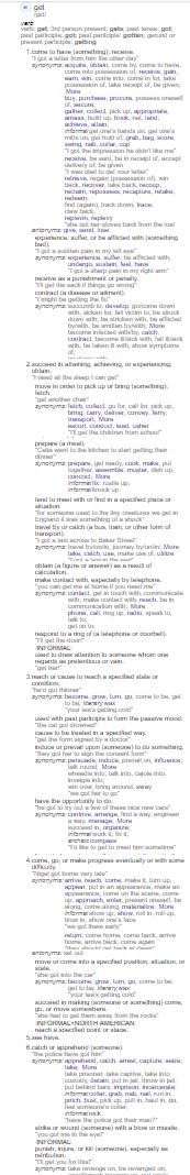 Screenshot of the whole online dictionary entry for “get”, shrunk into a narrow strip to show how long it is.