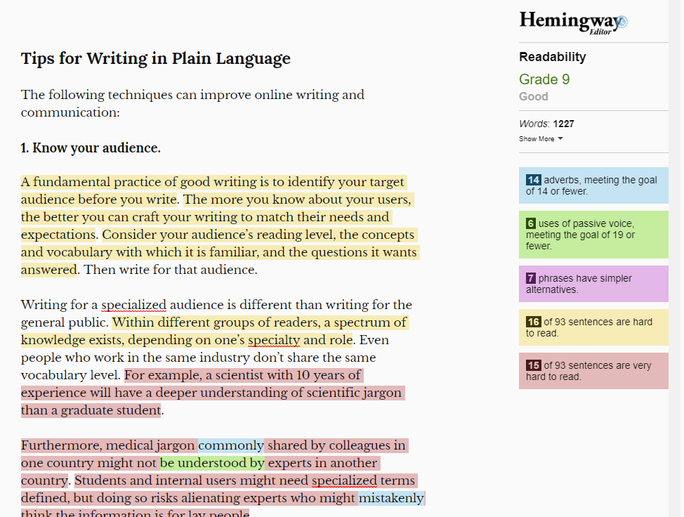 Screenshot of the Hemingway Editor with the start of the article “Tips for Writing in Plain Language”, with passages highlighted and a panel of counts.