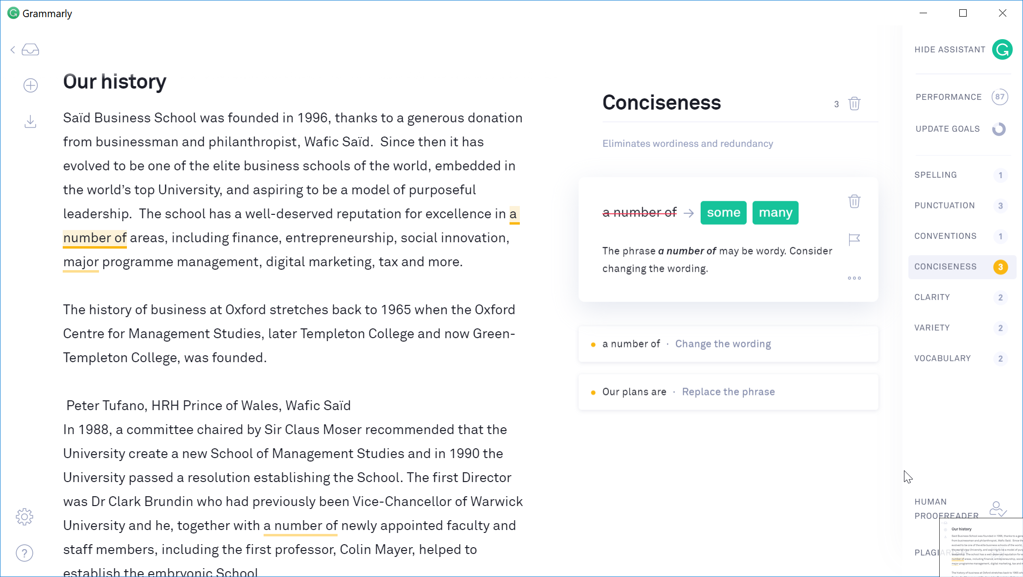 Screenshot of Grammarly with a “Conciseness” panel suggesting “some” or “many” in place of “a number of”.