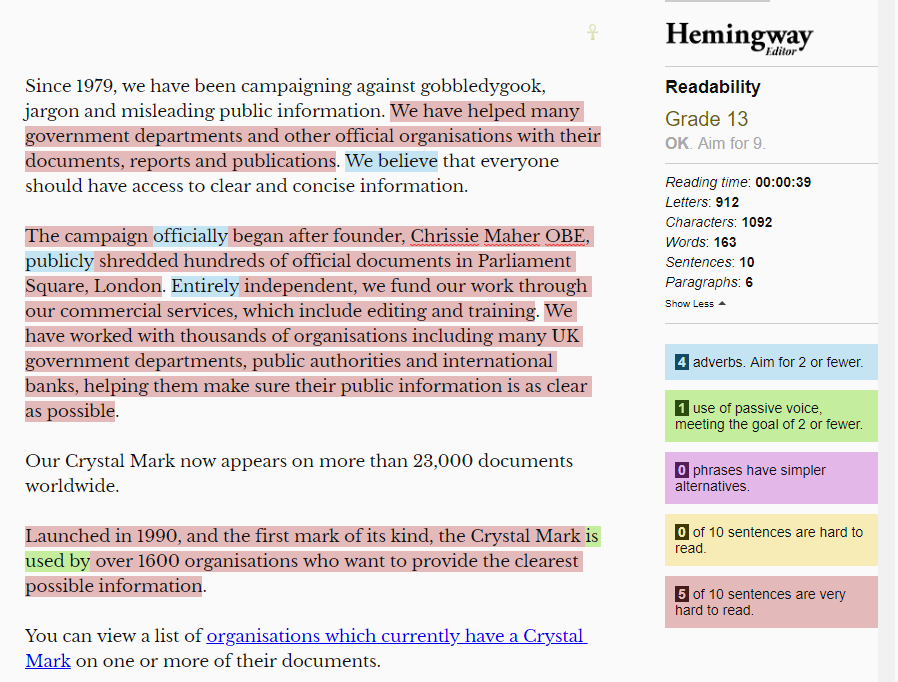 Screenshot of the Hemingway Editor with text from the Plain English Campaign's “About us” page, with passages highlighted in red and a panel of counts.