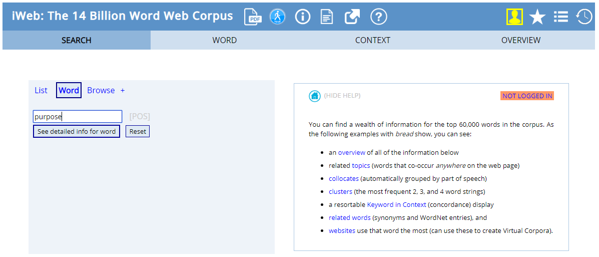 Screenshot of the search page of iWeb: The 14 Billion Word Web Corpus, with the word “purpose” typed into the Word search box.