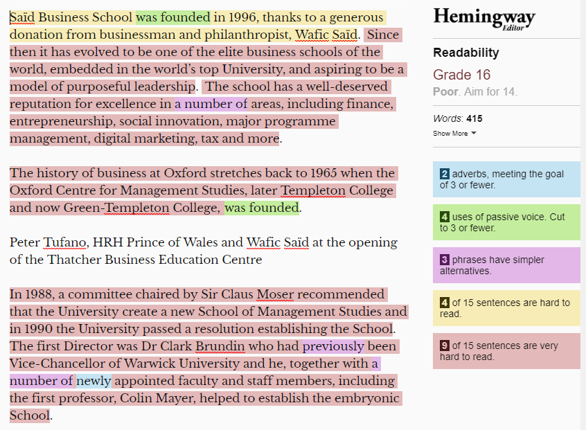 Screenshot of the Hemingway Editor with a long text on the left, mostly highlighted in red and yellow, with a high grade level and a red oval around a long sentence.