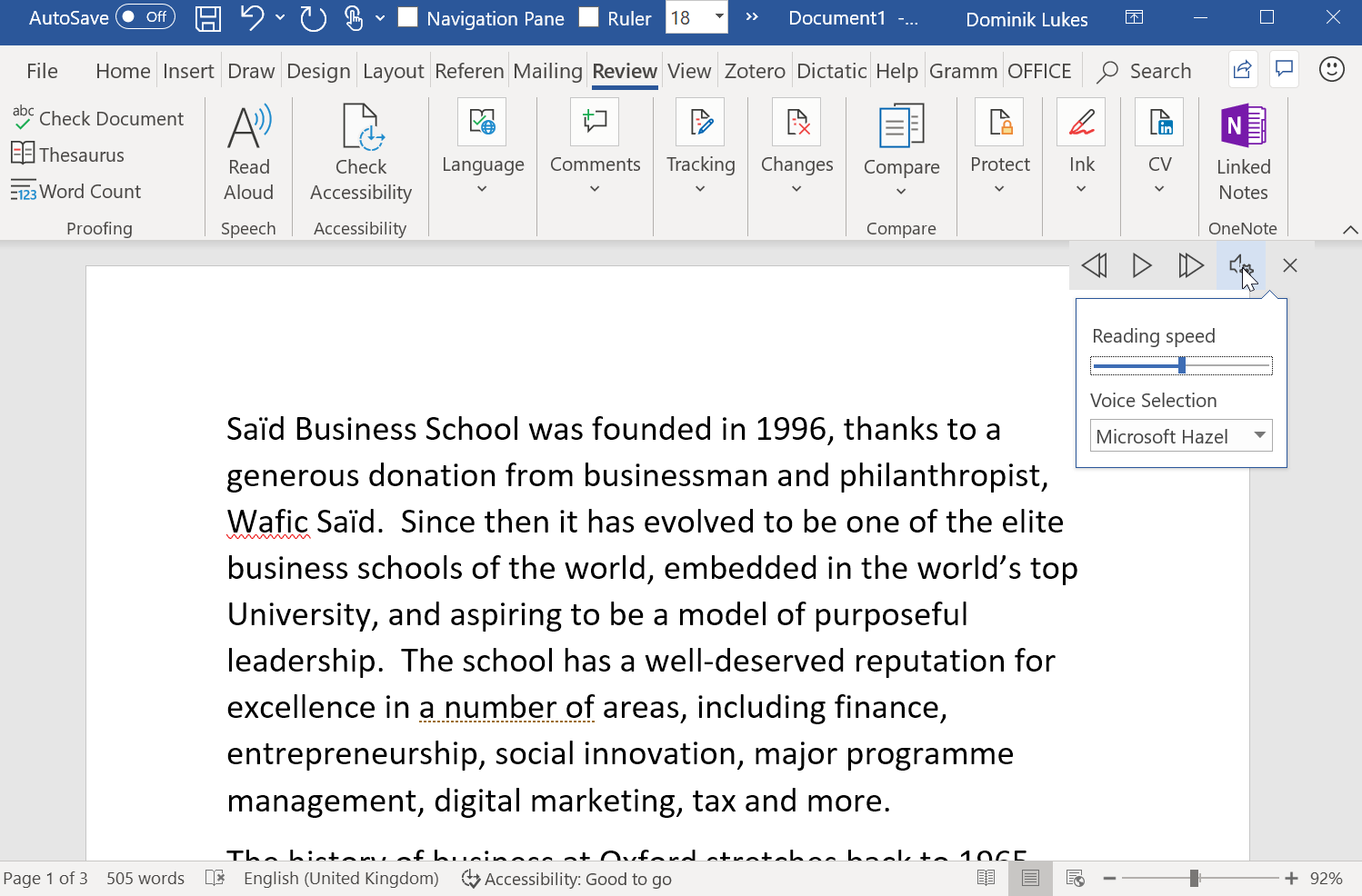Screenshot of Microsoft Word with the Read Aloud control selected and a speed and voice menu open (voice: Microsoft Hazel).
