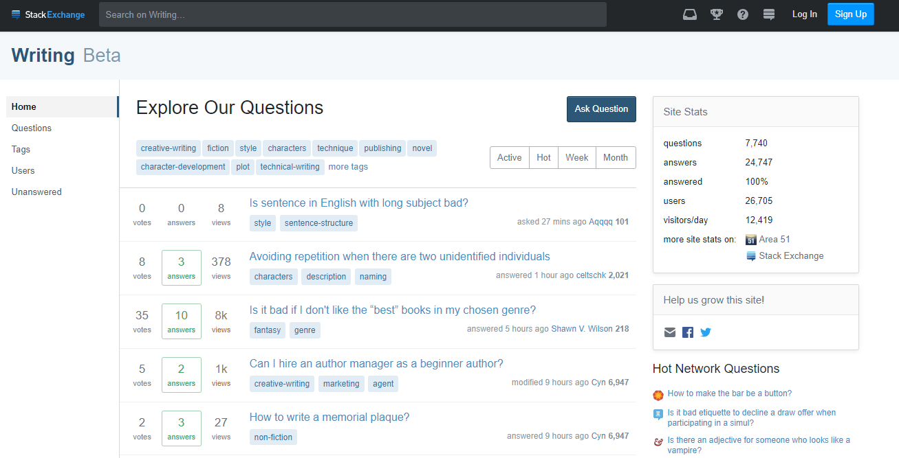 Screenshot of the Writing Stack Exchange home page, “Explore Our Questions”, with a list of questions and site statistics.