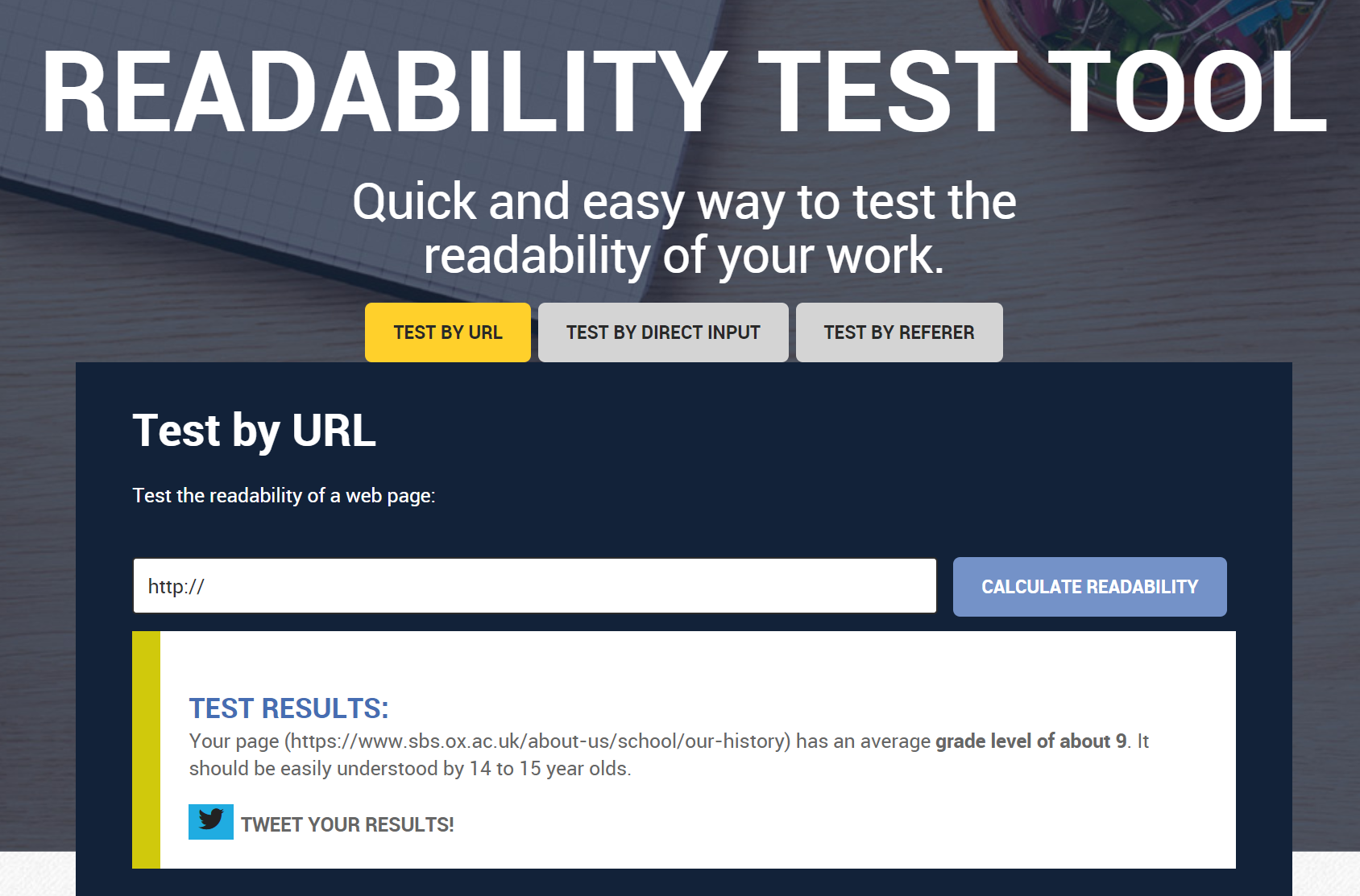 Screenshot of the Readability Test Tool web page with a “Test by URL” form and a results box saying that the page has an average grade level of about 9 and should be easily understood by 14 to 15 year olds.