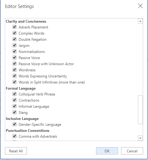 Screenshot of the Editor Settings dialog of Word online, with the Clarity and Conciseness, Formal Language, Inclusive Language and Punctuation Conventions checks all ticked.