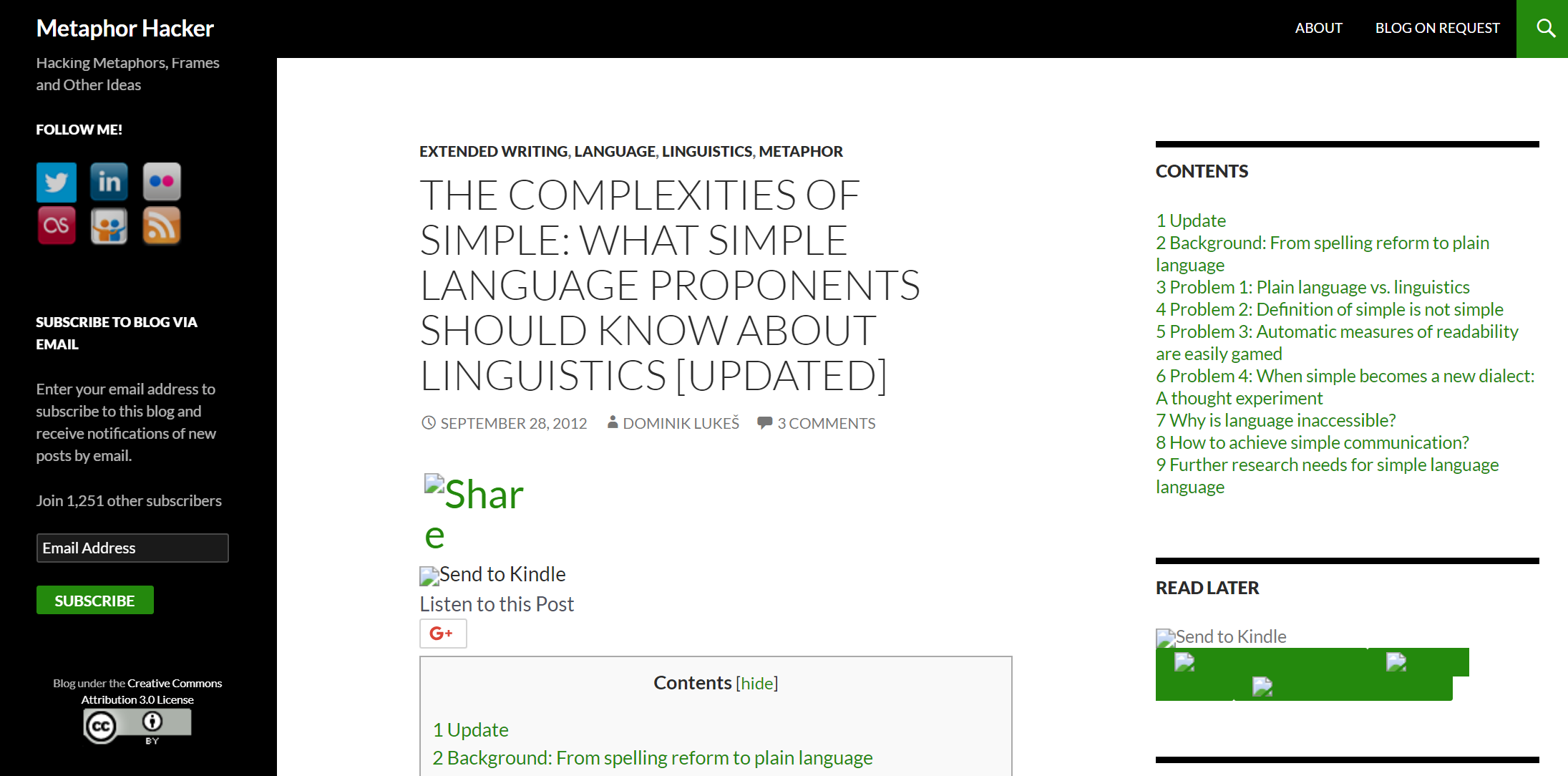 Screenshot of the Metaphor Hacker blog post “The complexities of simple: what simple language proponents should know about linguistics (updated)”, with its table of contents.