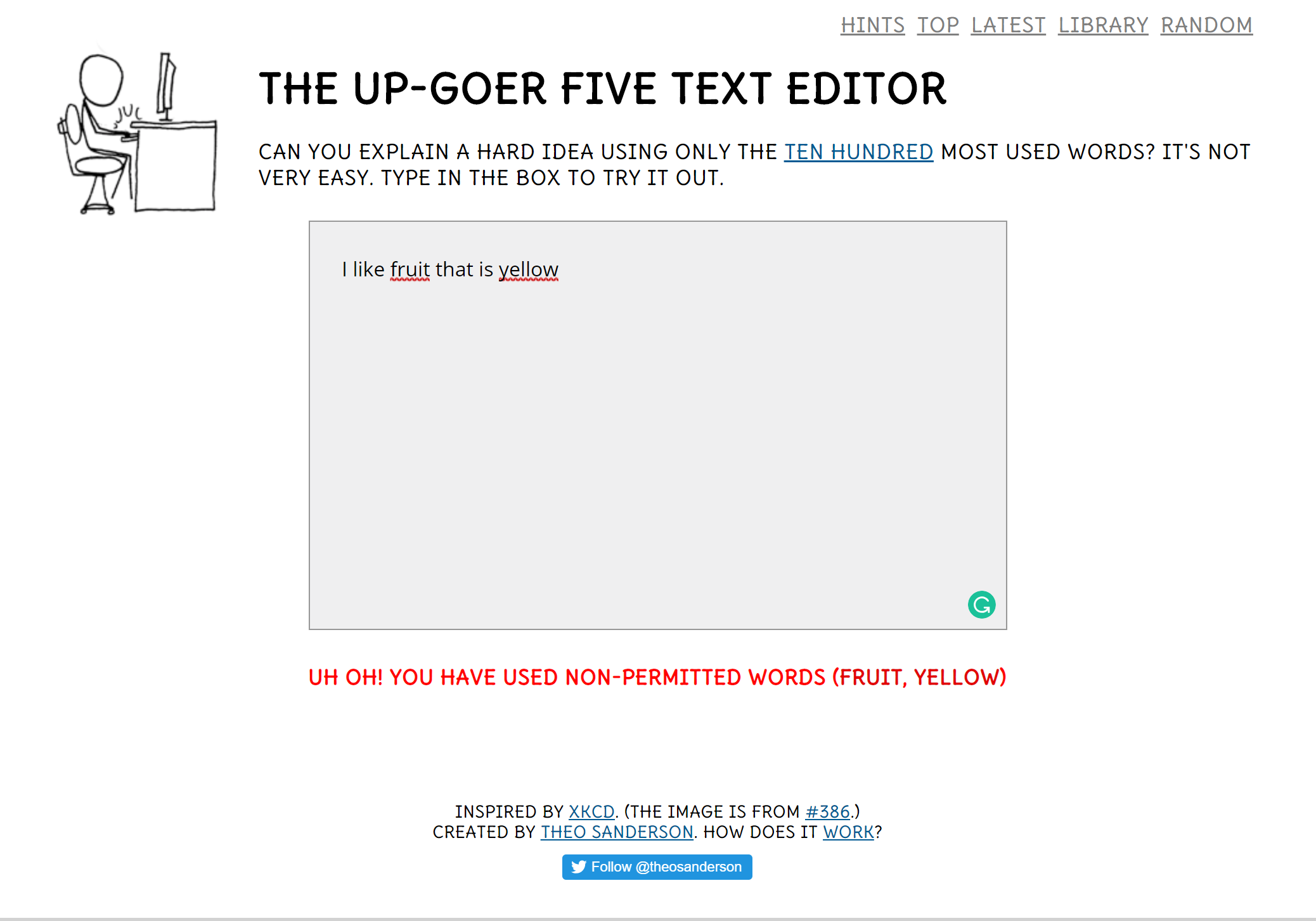 Screenshot of the Up-Goer Five Text Editor, with the text “I like fruit that is yellow” and the message “Uh oh! You have used non-permitted words (fruit, yellow)”.