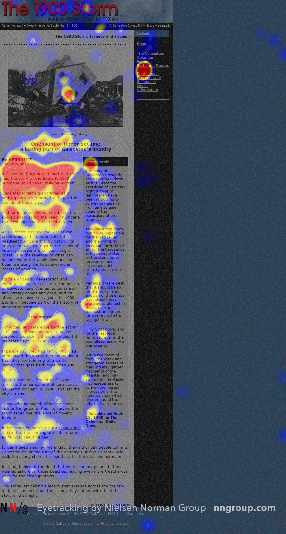 Heat map of eye-tracking over a web page in the F-shaped scanning pattern, with a red and yellow band across the top, a shorter band below and a vertical band down the left side. Credit: Nielsen Norman Group.