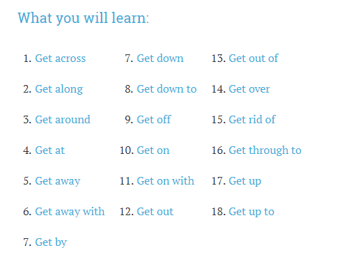 Screenshot of the “What you will learn” list of the same page: the phrasal verbs from “Get across” to “Get up to”.