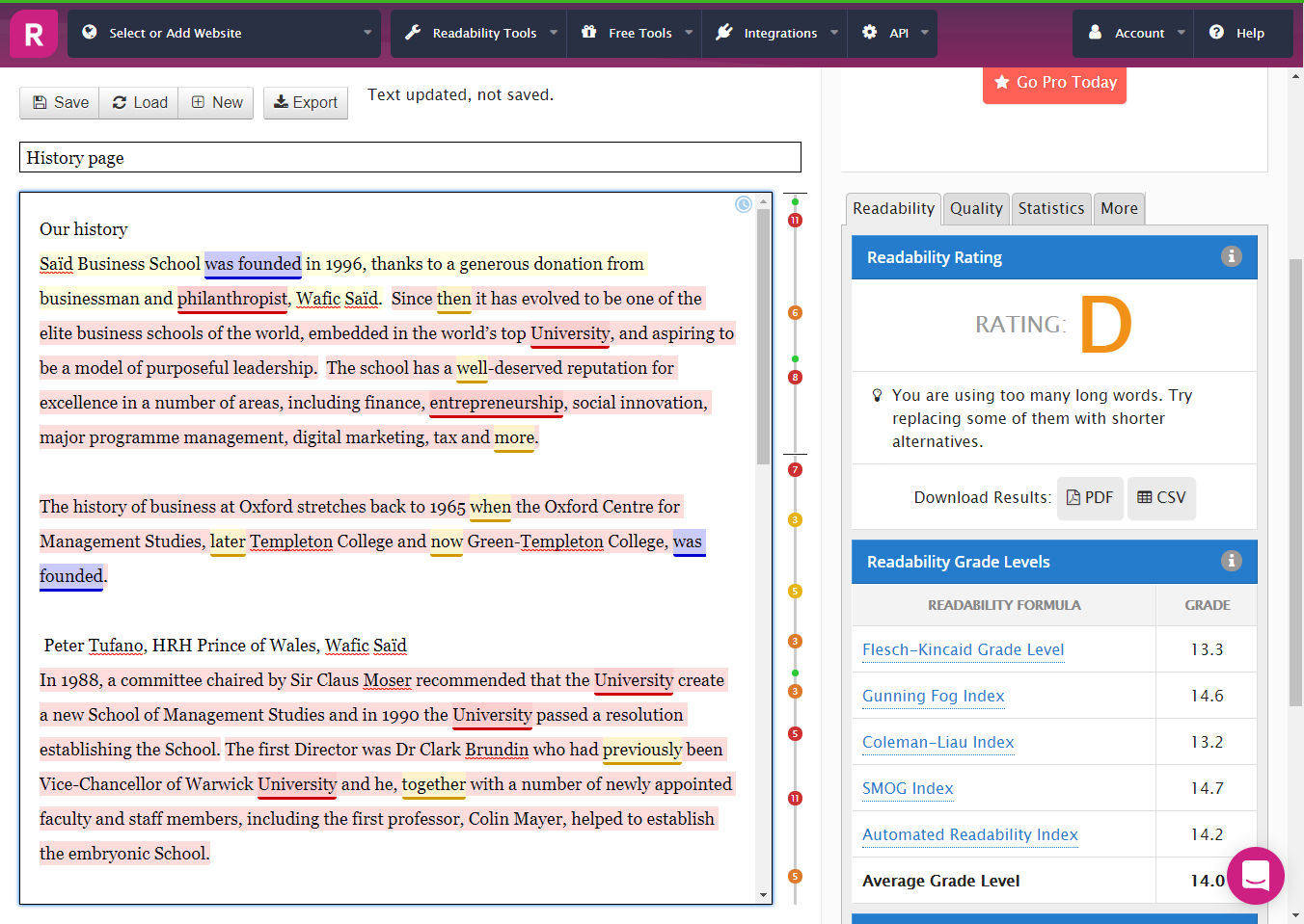 Screenshot of the Readable.io text analyser with a text pasted in, highlighted passages and a readability rating of “D” in a panel on the right.