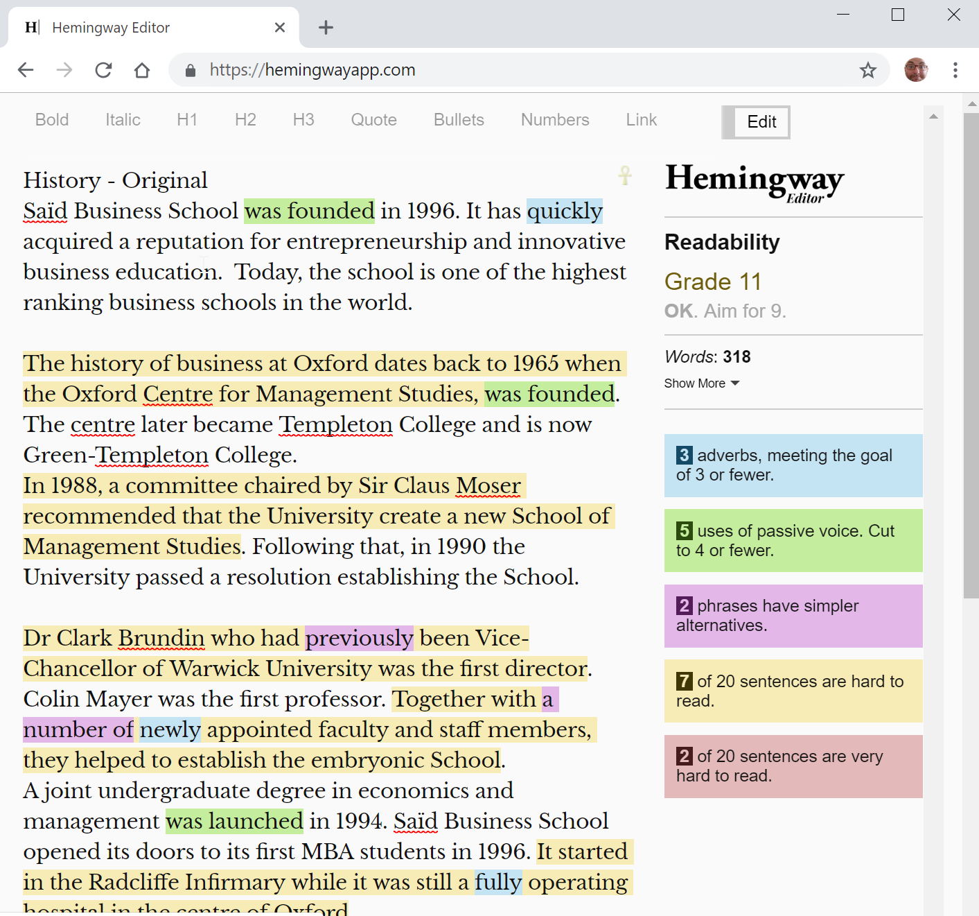 Screenshot of the Hemingway Editor with a revised version of the same history text, much less highlighted, with a lower grade level.