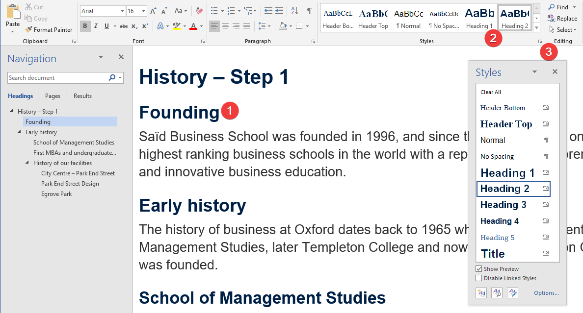 Screenshot of Microsoft Word showing the document “History – Step 1” with its headings, the Navigation pane at the left and the Styles pane at the right with Heading 1 to Heading 5 and Title.