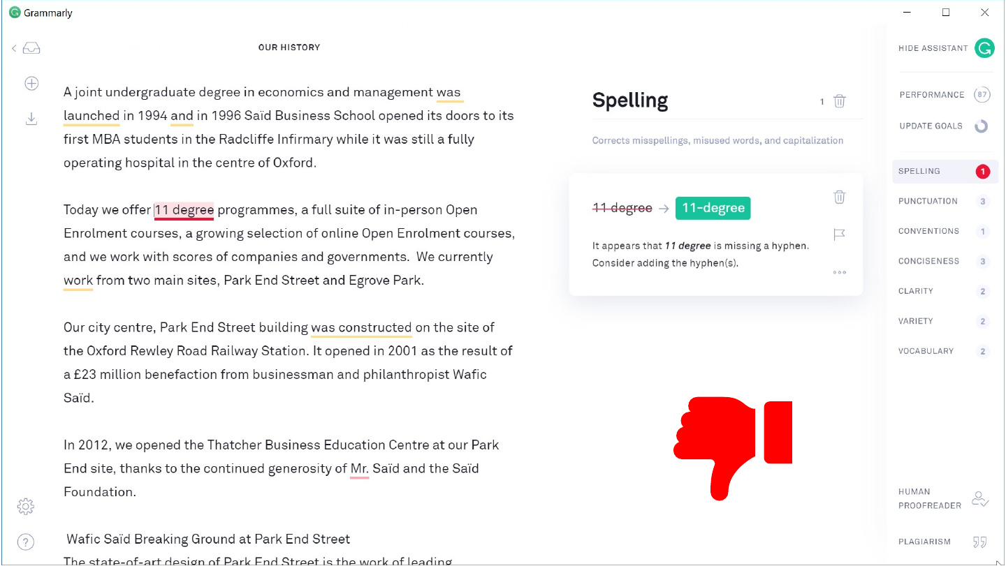 The slide's original page: a Grammarly window with the document “Our history” on the left and a “Spelling” panel open, suggesting “11-degree” in place of “11 degree”. At the lower right of the page is a red thumbs-down icon: a red hand with its thumb pointing down and its cuff on the right.