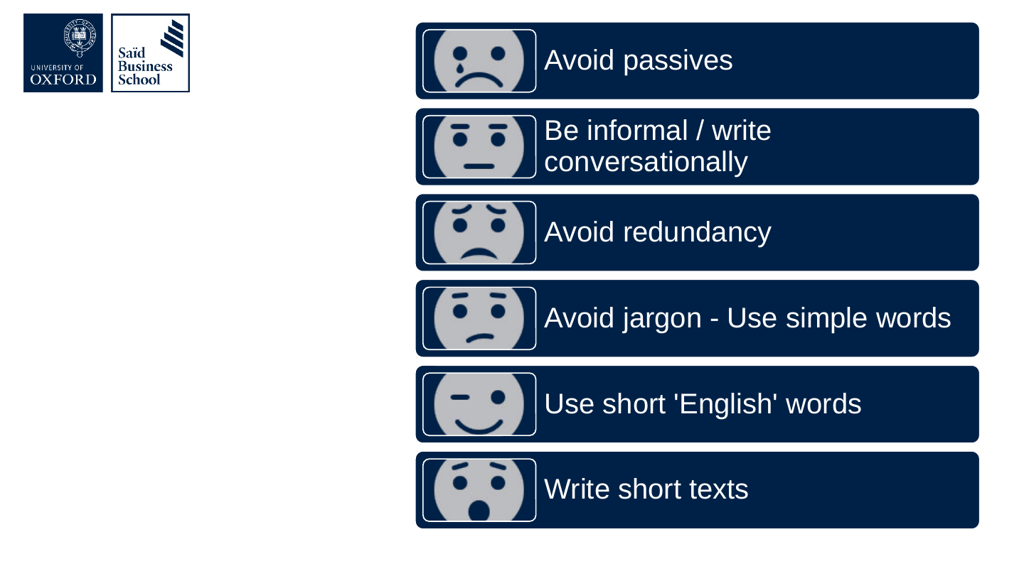 The slide's original page: six dark blue bars listing the pieces of advice, each with a small cartoon face icon at its left.