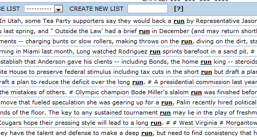 Screenshot of COCA results for the first query above showing text passages in which the word run is highlighted.