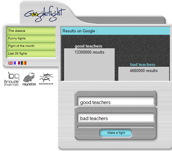 Screenshot of the Googlefight web page comparing “good teachers” (13300000 results) with “bad teachers” (4660000 results).