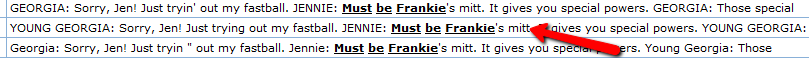 Screenshot of context lines from a transcript in which “Must be Frankie” appears three times in the same passage, with red arrows.