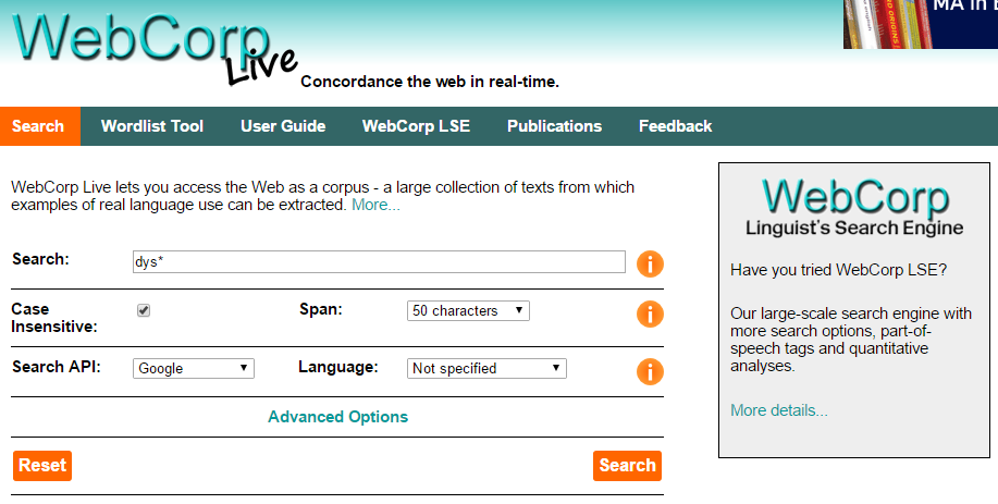 Screenshot of the WebCorp Live search page (“Concordance the web in real-time”) with a search for dys* and options for case, span, search API and language.