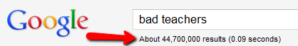 Screenshot of a Google search for “good teachers” with a red arrow pointing to “About 80,600,000 results (0.13 seconds)”.