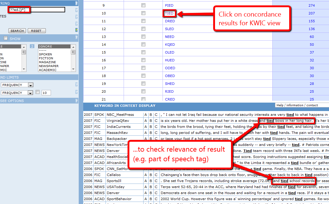 Screenshot of COCA concordance results listing wordsa list of words (TIED, DRED, SLED, NEED and others) with counts above lines of context in which the word TIED is outlined in red.