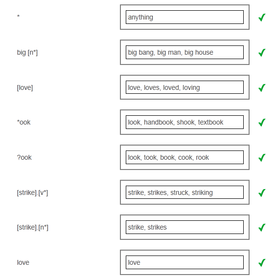 Screenshot of the same matching exercise answered correctly: each of the eight search strings has its matching results beside it and a green tick. The strings and results are listed in the table above.