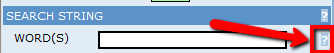 Screenshot of the COCA search-string box with a red arrow pointing to a small button at its right edge.