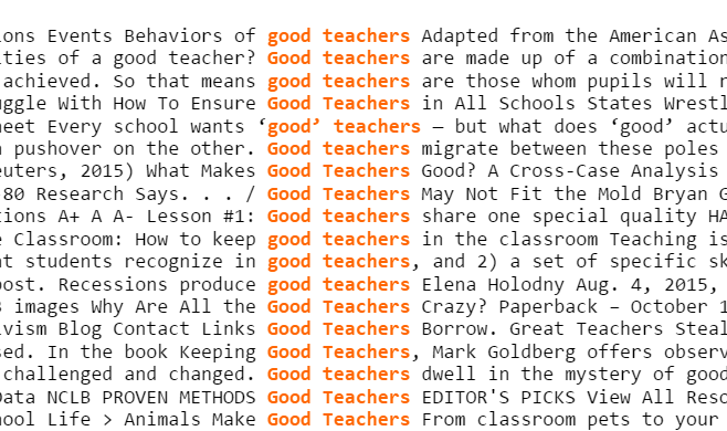 Screenshot of a page of lines of text in which “good teachers” is highlighted in colour.