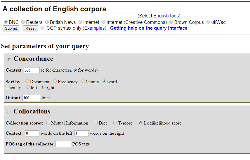 Screenshot of the Leeds “A collection of English corpora” query page: a choice of corpora (BNC, Reuters, British News, Internet, Brown Corpus, ukWac) and parameters for a concordance or collocations query.