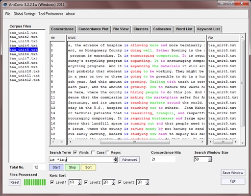 Screenshot of the AntConc program window showing a concordance with the search term in the centre column of each line and tabs for Concordance, Concordance Plot, File View, Clusters, Collocates, Word List and Keyword List.