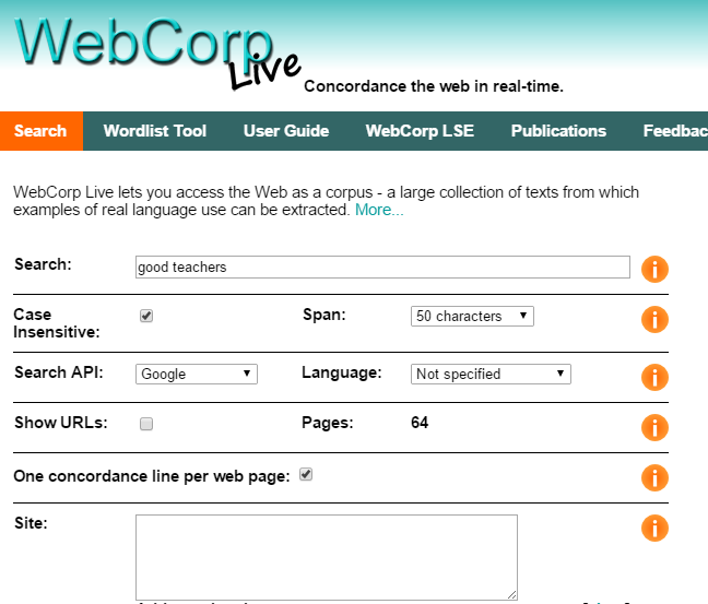 Screenshot of the WebCorp Live search form with “good teachers” in the Search box; Case Insensitive is ticked, Span is 50 characters, Search API is Google, Language is Not specified, Show URLs is unticked, Pages is 64, One concordance line per web page is ticked and the Site box is empty.