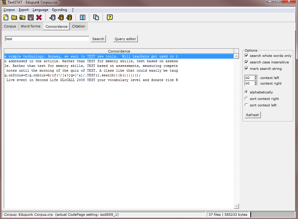Screenshot of the TextSTAT program window showing a concordance for the word “test” in a corpus of text files.
